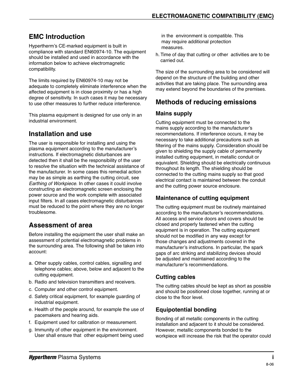 Electromagnetic compatibility, Emc introduction, Installation and use | Assessment of area, Methods of reducing emissions | Hypertherm Powermax30 Service Manual User Manual | Page 4 / 88