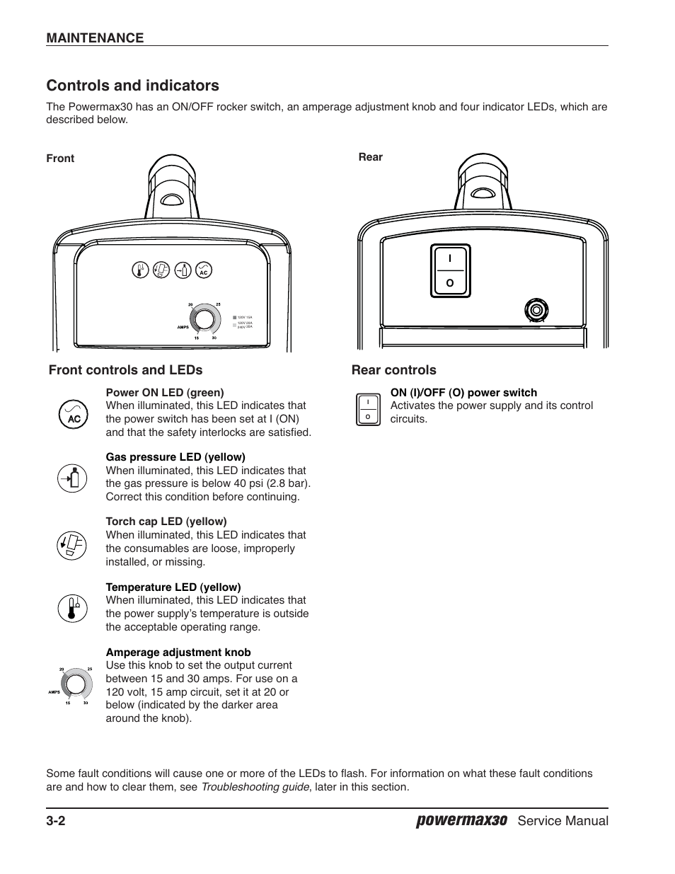 Controls and indicators, Front controls and leds, Rear controls | Powermax30, Maintenance 3-2, Service manual | Hypertherm Powermax30 Service Manual User Manual | Page 41 / 88