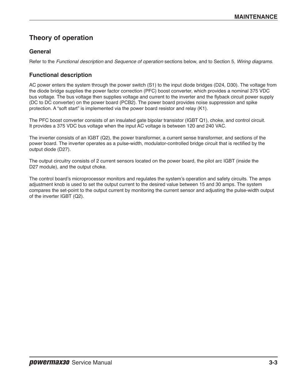 Theory of operation, General, Functional description | Powermax30 | Hypertherm Powermax30 Service Manual User Manual | Page 42 / 88