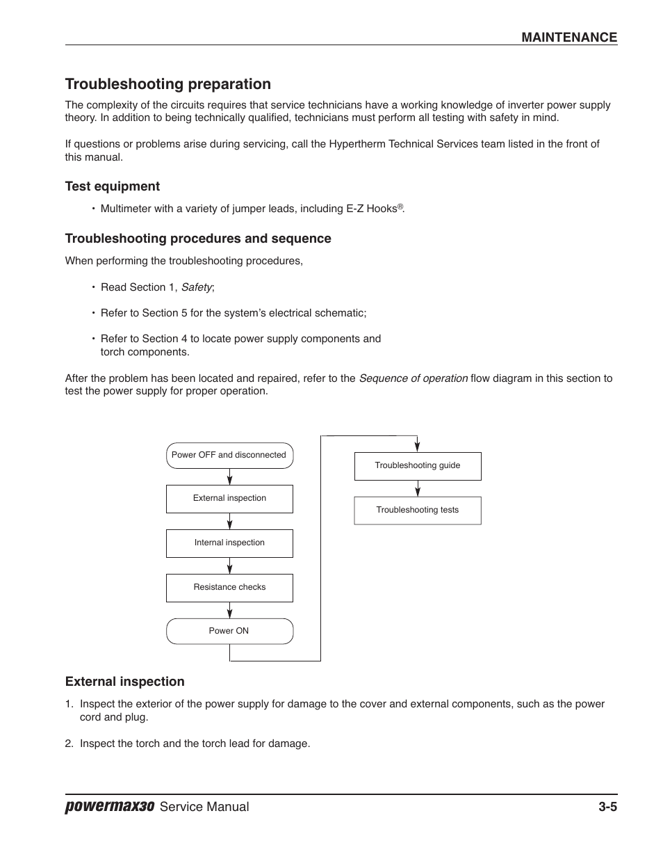 Troubleshooting preparation, Test equipment, Troubleshooting procedures and sequence | External inspection, Powermax30 | Hypertherm Powermax30 Service Manual User Manual | Page 44 / 88