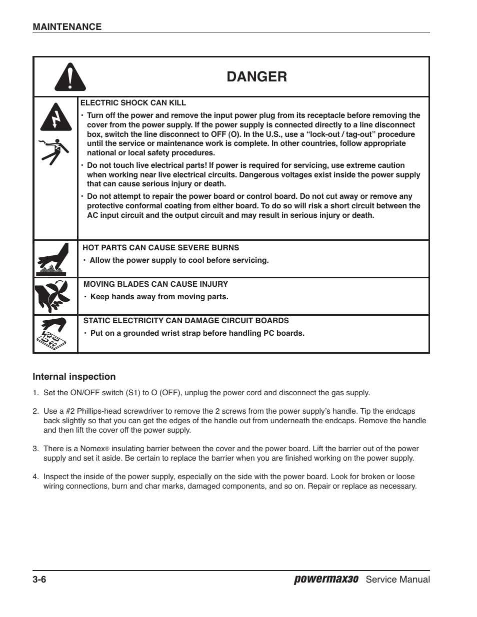 Internal inspection, Danger, Powermax30 | Hypertherm Powermax30 Service Manual User Manual | Page 45 / 88