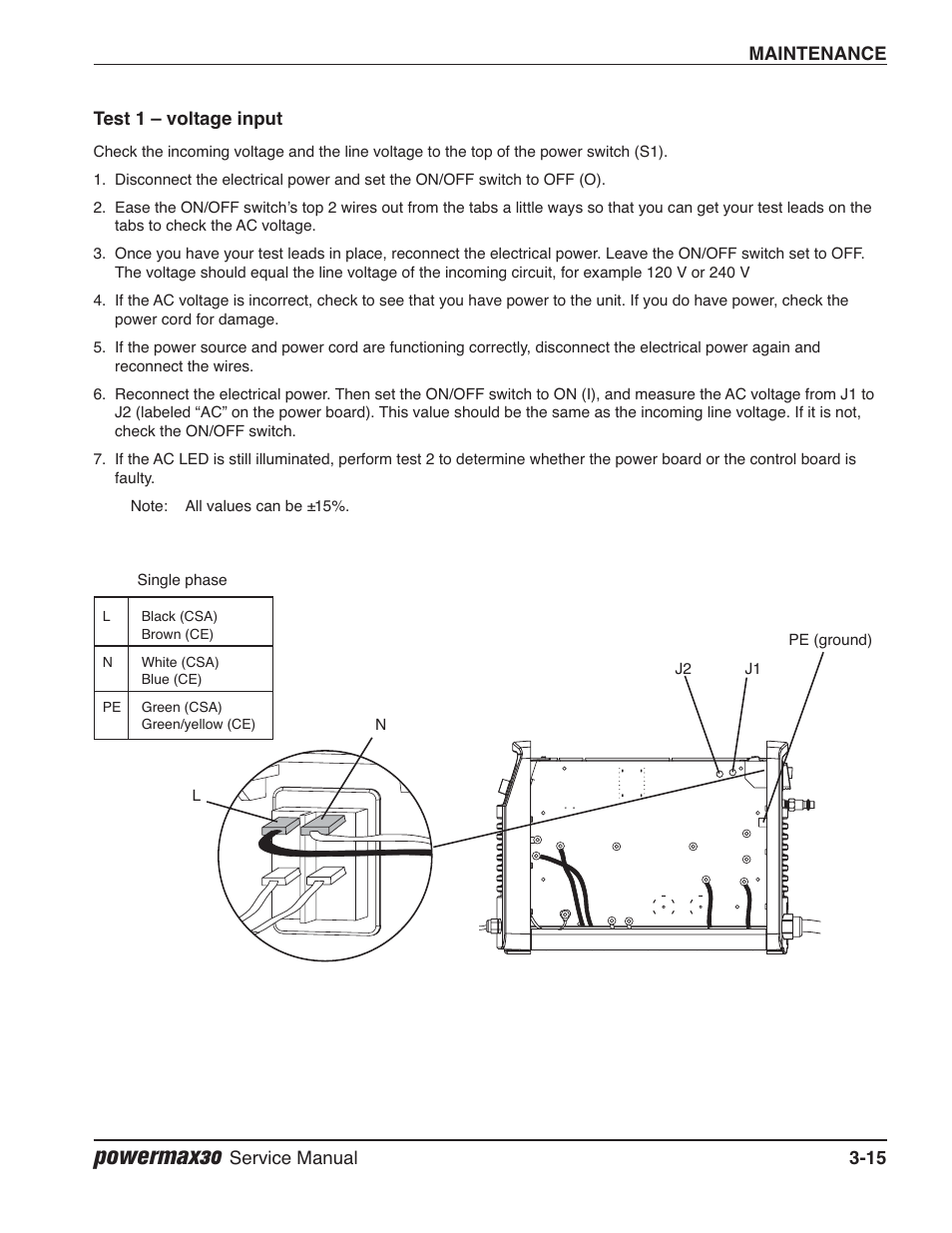 Test 1 — voltage input, Perform test 1 to check, As shown in test 1 | Powermax30 | Hypertherm Powermax30 Service Manual User Manual | Page 54 / 88