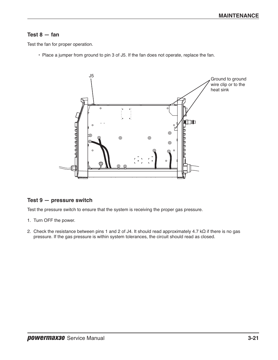 Test 8 — fan, Test 9 — pressure switch, Perform test 9 to verify | Perform test 8 to make, Perform test 7 to test, Powermax30 | Hypertherm Powermax30 Service Manual User Manual | Page 60 / 88