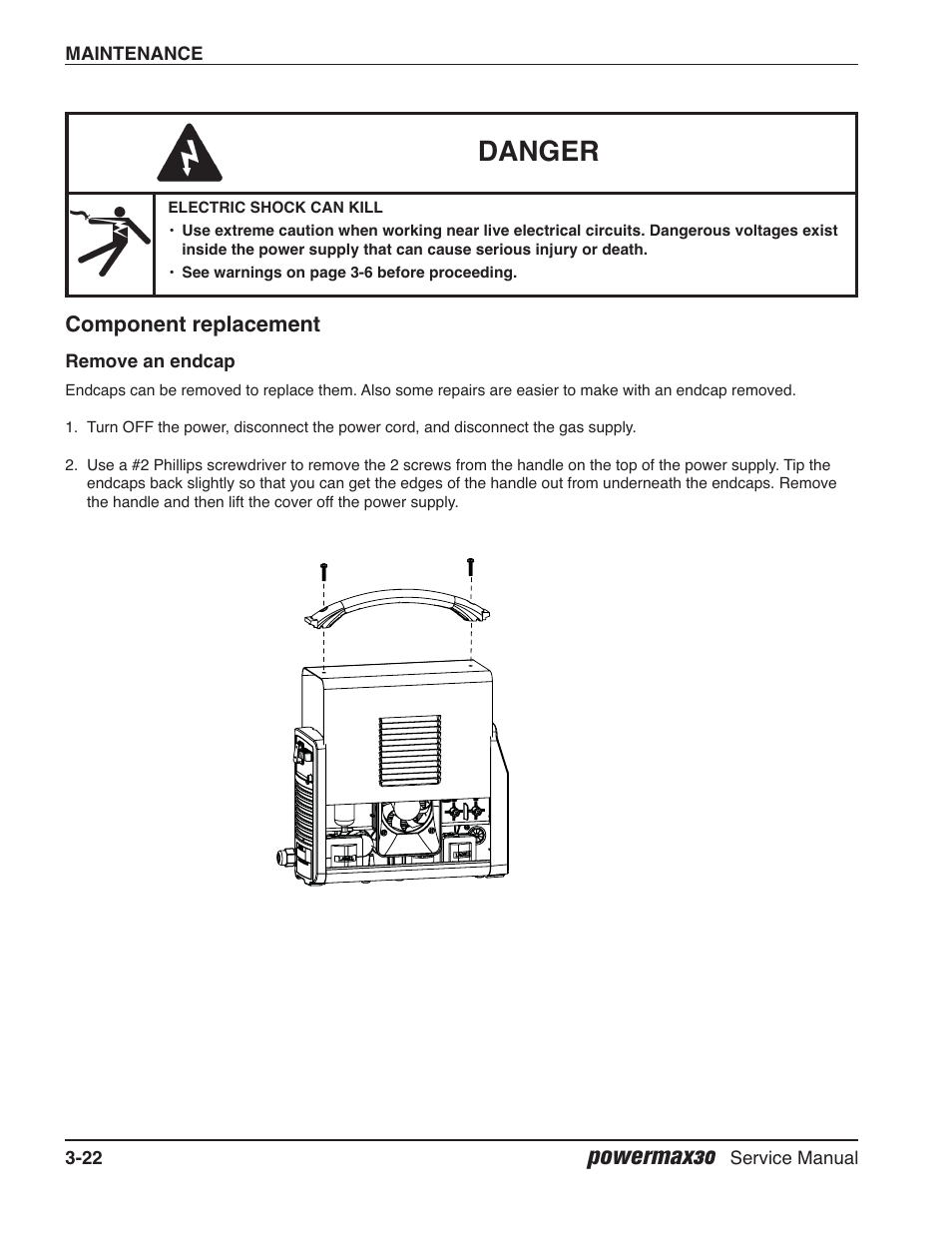 Component replacement, Remove an endcap, Danger | Powermax30 | Hypertherm Powermax30 Service Manual User Manual | Page 61 / 88