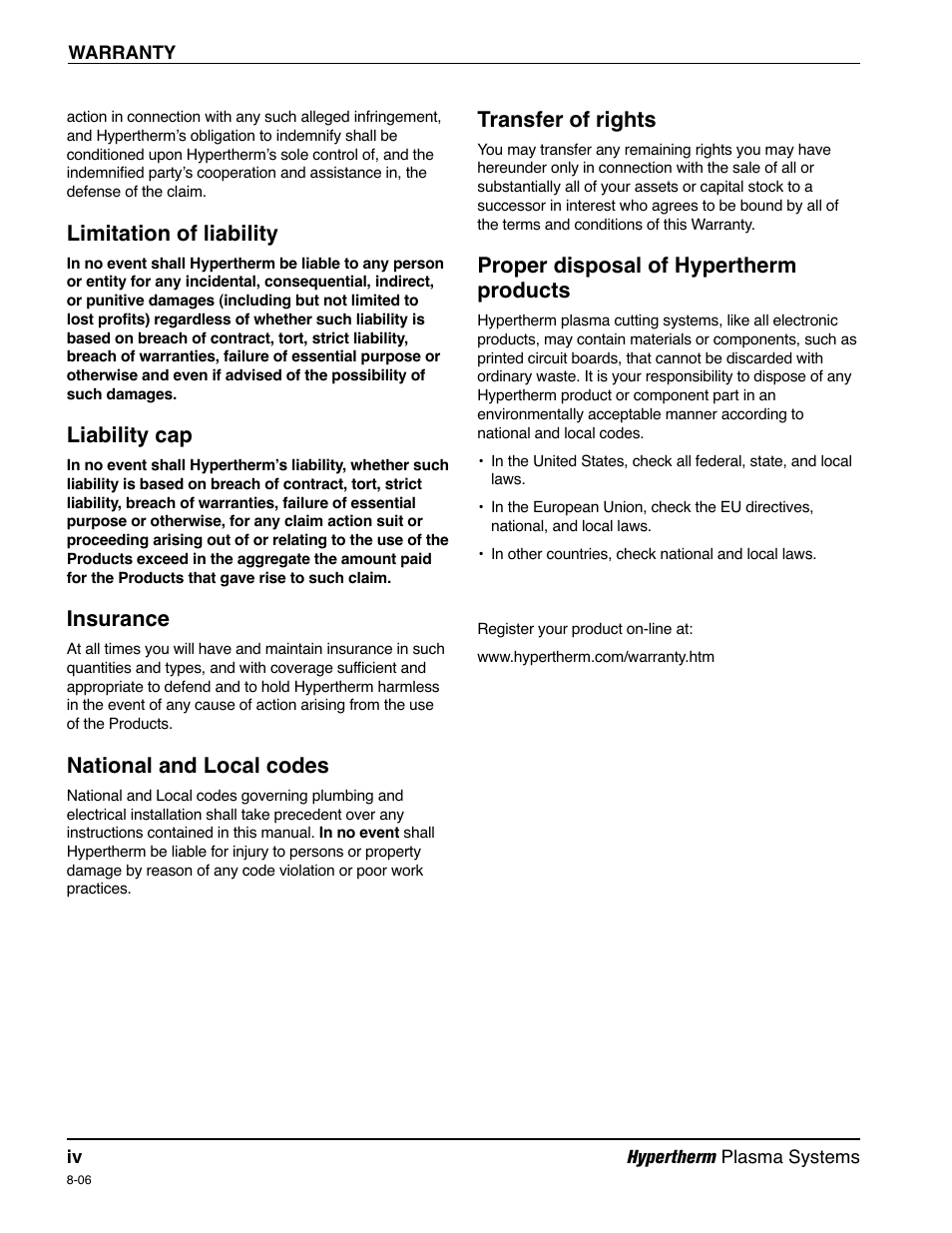 Limitation of liability, Liability cap, Insurance | National and local codes, Transfer of rights, Proper disposal of hypertherm products | Hypertherm Powermax30 Service Manual User Manual | Page 7 / 88