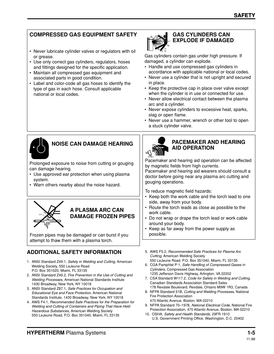 Safety hypertherm plasma systems 1-5, Safety, Noise can damage hearing | A plasma arc can damage frozen pipes | Hypertherm Powermax350 Service Manual User Manual | Page 13 / 53