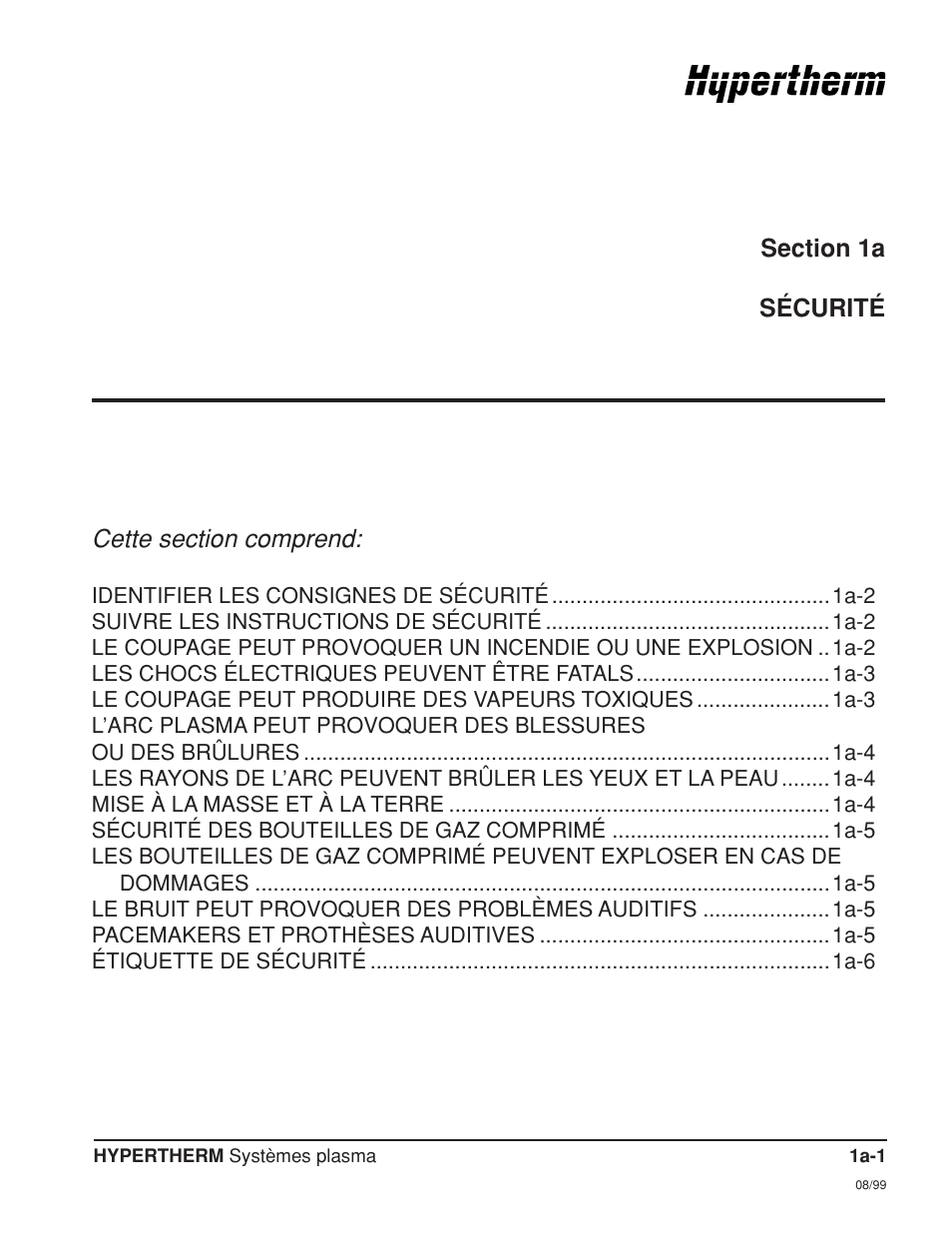 Sécurité, Section 1a, Au sujet des notes, attention et avertissement | Hypertherm Powermax350 Service Manual User Manual | Page 15 / 53