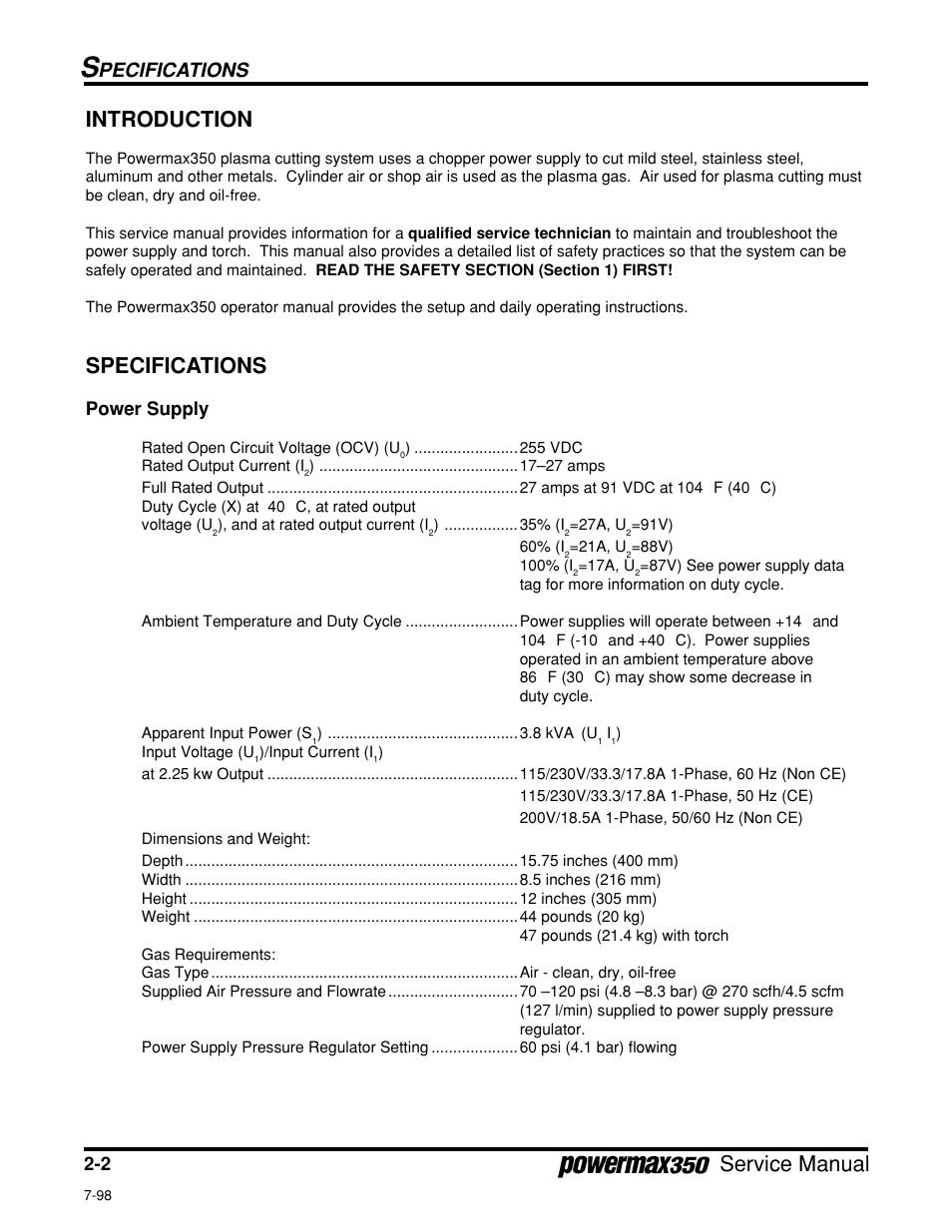 Introduction, Power supply, Specifications | Service manual introduction, Pecifications | Hypertherm Powermax350 Service Manual User Manual | Page 22 / 53