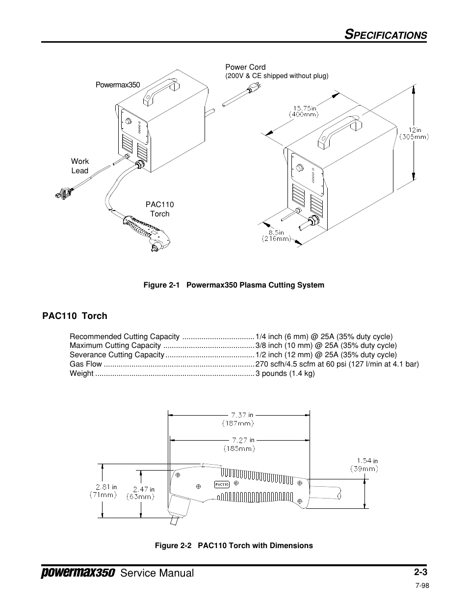 Pac110 torch, Figure 2-1, Powermax350 plasma cutting system | Figure 2-2, Pac110 torch with dimensions, Service manual, Pecifications | Hypertherm Powermax350 Service Manual User Manual | Page 23 / 53