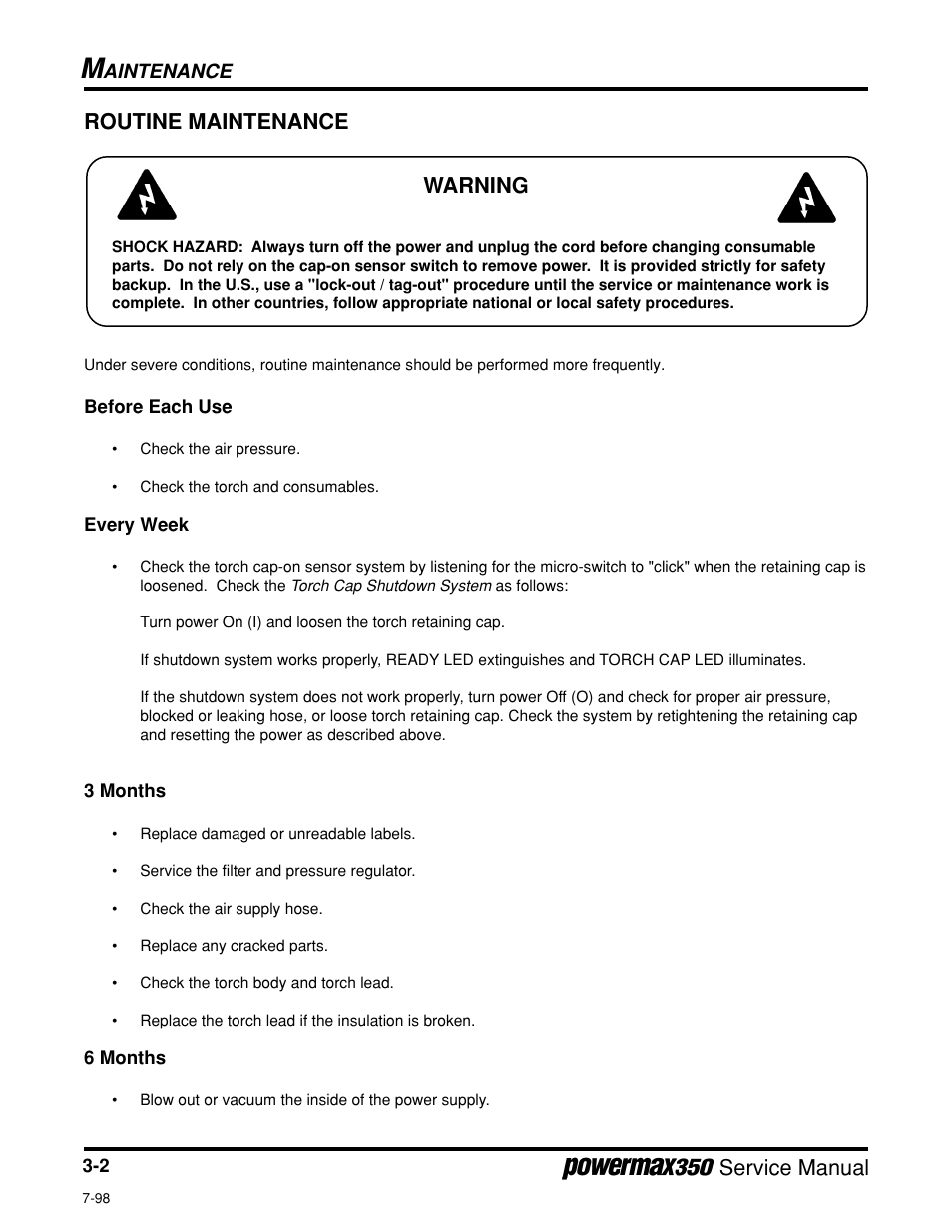 Routine maintenance, Service manual, Routine maintenance warning | Aintenance | Hypertherm Powermax350 Service Manual User Manual | Page 26 / 53