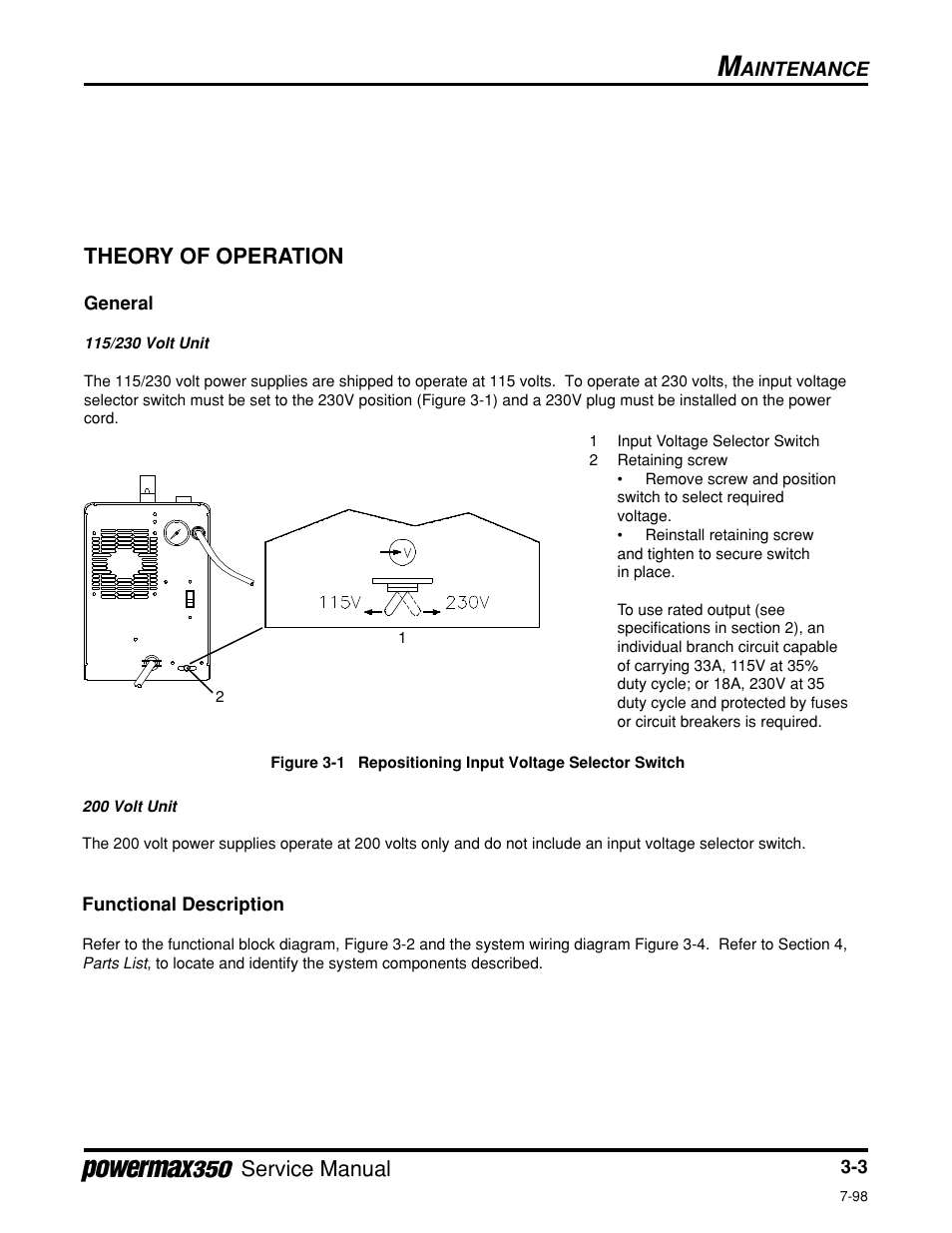 Theory of operation, Functional description, General | Figure 3-1, Service manual, Aintenance | Hypertherm Powermax350 Service Manual User Manual | Page 27 / 53