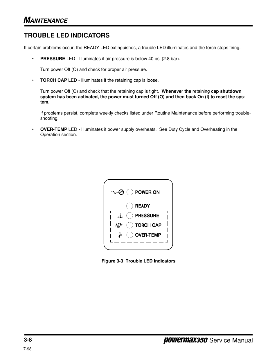 Trouble led indicators, Figure 3-3, Pressure | Torch cap, Over-temp, Service manual | Hypertherm Powermax350 Service Manual User Manual | Page 32 / 53