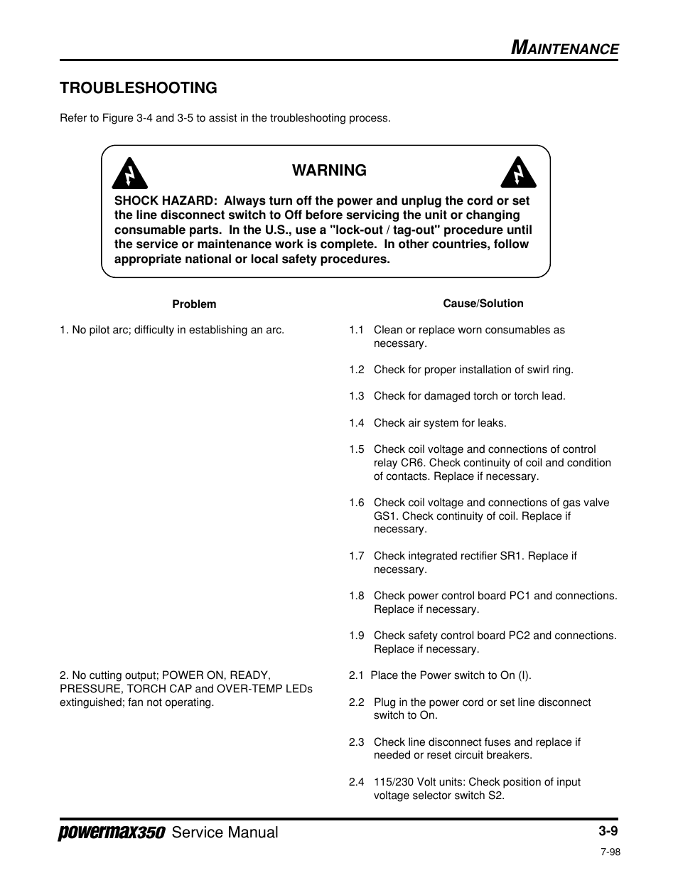 Troubleshooting, Service manual, Warning | Aintenance | Hypertherm Powermax350 Service Manual User Manual | Page 33 / 53