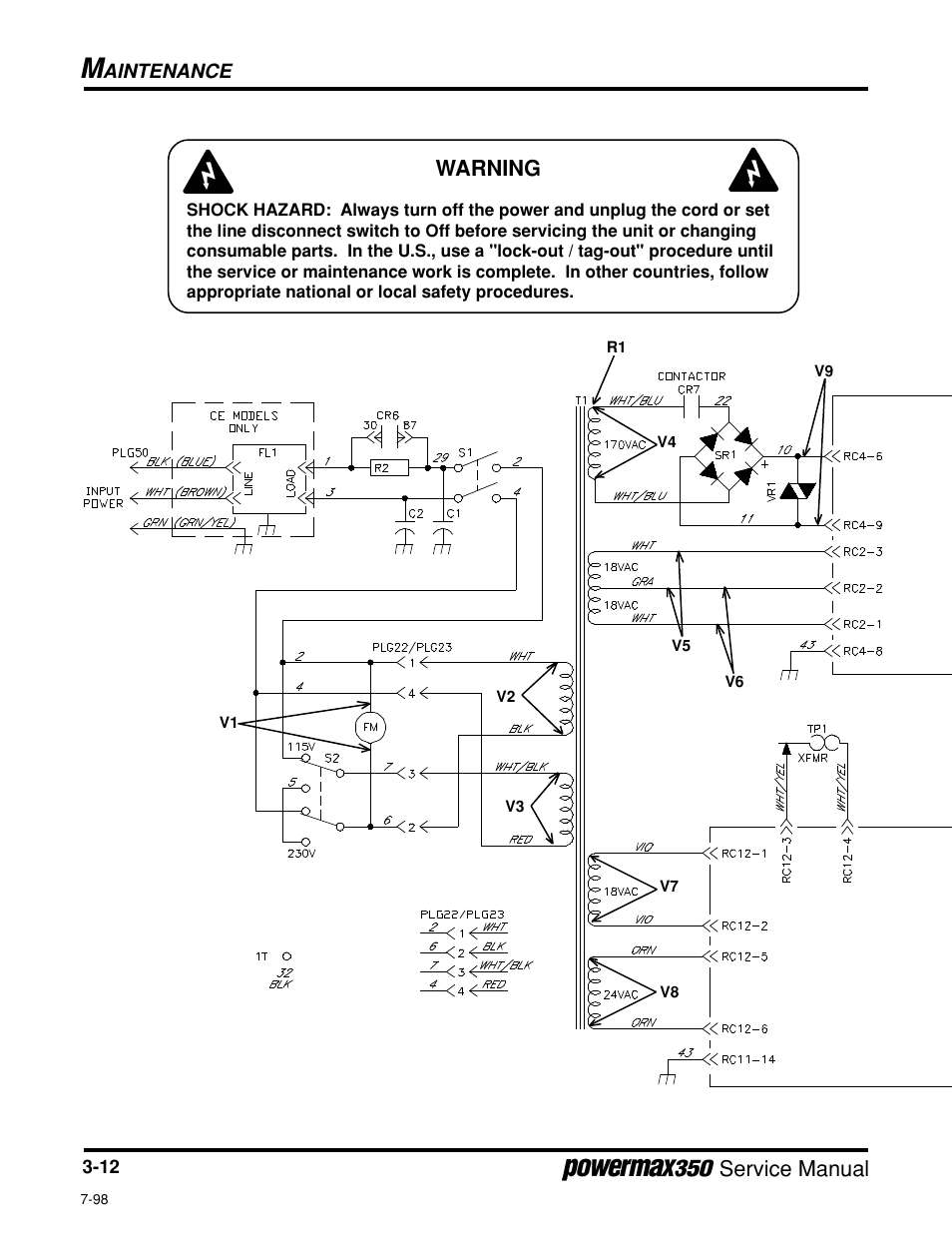 Wiring diagram, 115/230 volt, Service manual, Warning | Hypertherm Powermax350 Service Manual User Manual | Page 36 / 53