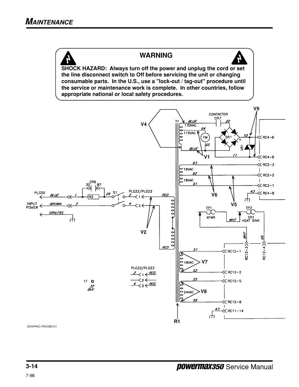 Wiring diagram, 200 volt, Service manual, Warning | Hypertherm Powermax350 Service Manual User Manual | Page 38 / 53