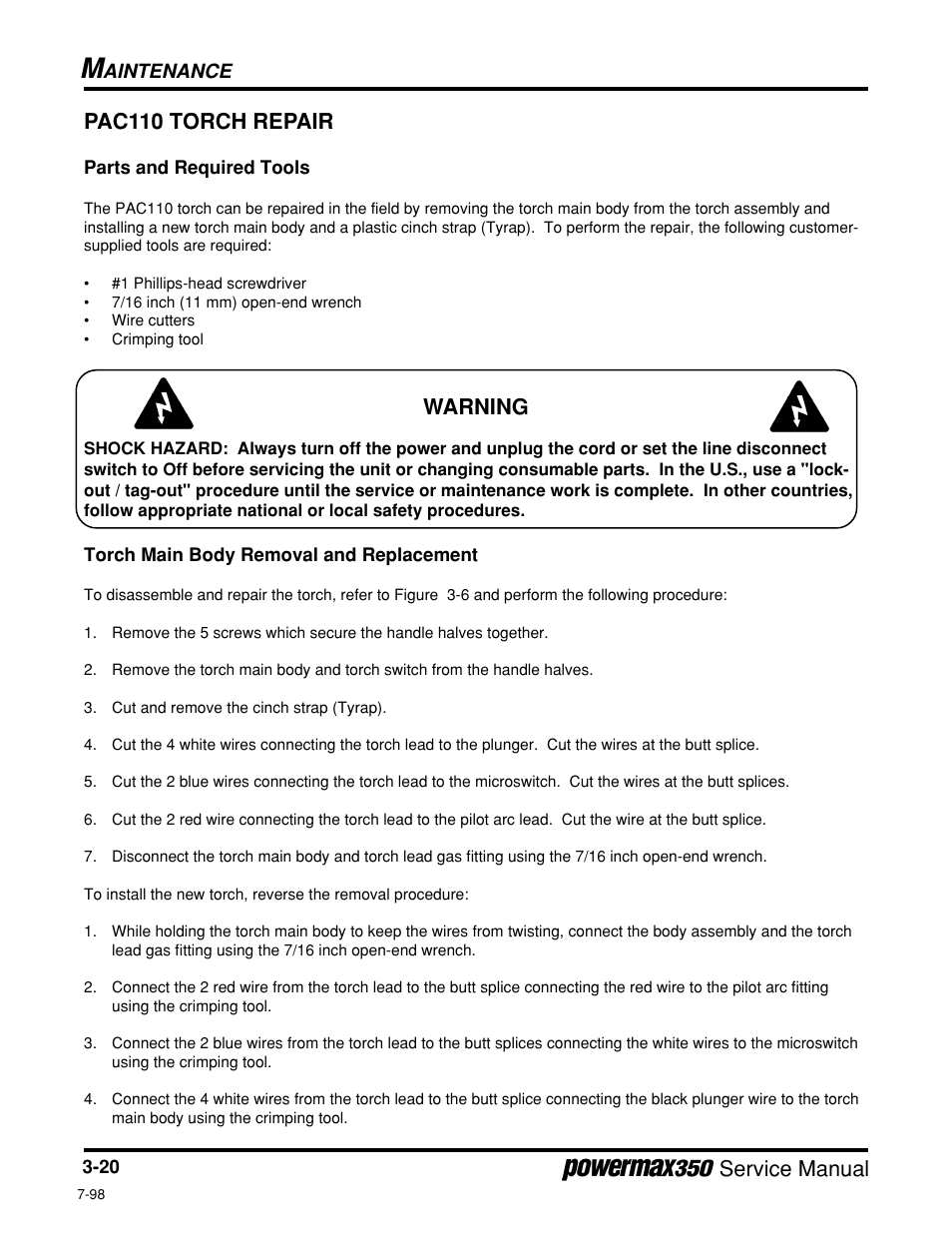 Pac110 torch repair, Parts and required tools, Torch main body removal and replacement | Service manual, Warning, Aintenance | Hypertherm Powermax350 Service Manual User Manual | Page 44 / 53