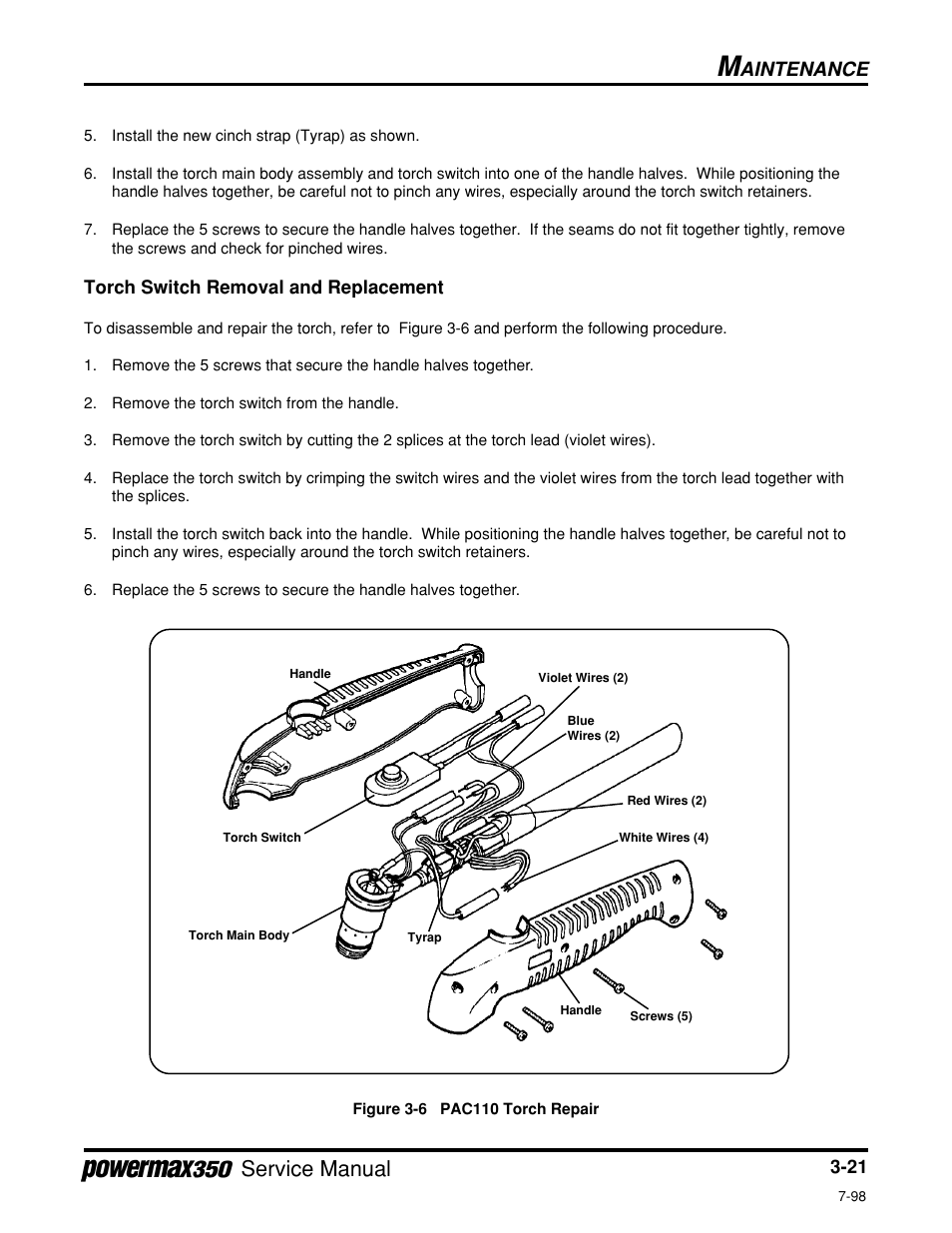 Torch switch removal and replacement, Figure 3-6, Pac110 torch repair | Service manual, Aintenance | Hypertherm Powermax350 Service Manual User Manual | Page 45 / 53