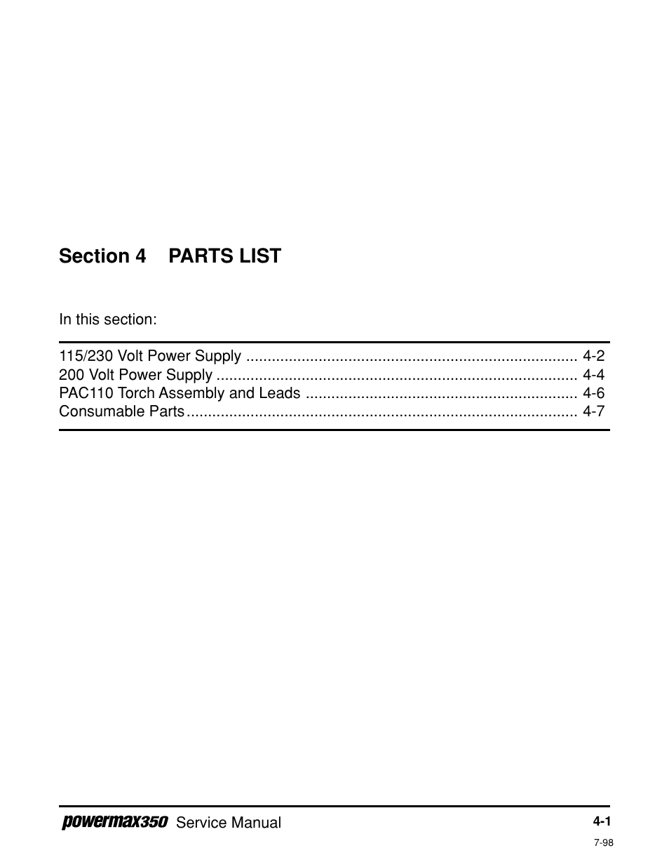 Parts list, Section 4 parts list | Hypertherm Powermax350 Service Manual User Manual | Page 47 / 53