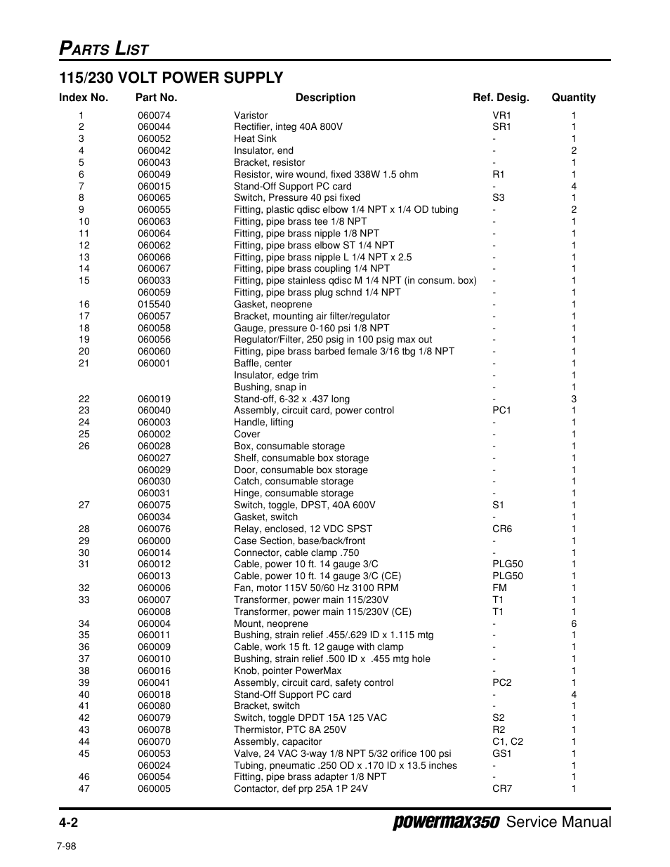 115/230 volt power supply, Service manual, Arts | Hypertherm Powermax350 Service Manual User Manual | Page 48 / 53