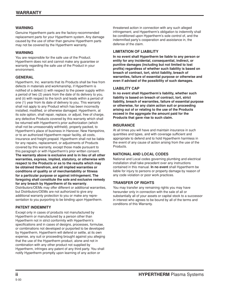 Warranty | Hypertherm Powermax350 Service Manual User Manual | Page 5 / 53