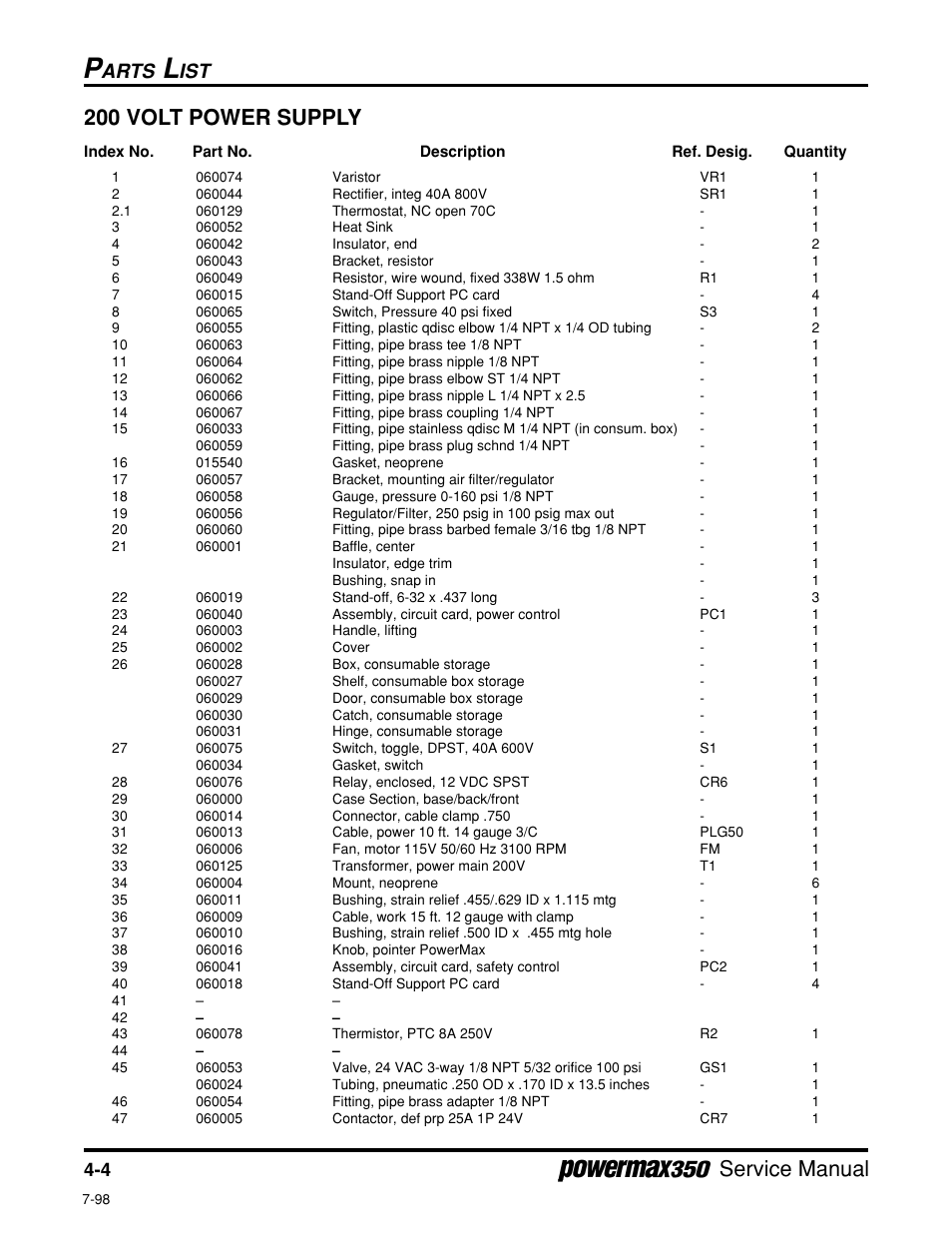 200 volt power supply, Service manual, Arts | Hypertherm Powermax350 Service Manual User Manual | Page 50 / 53