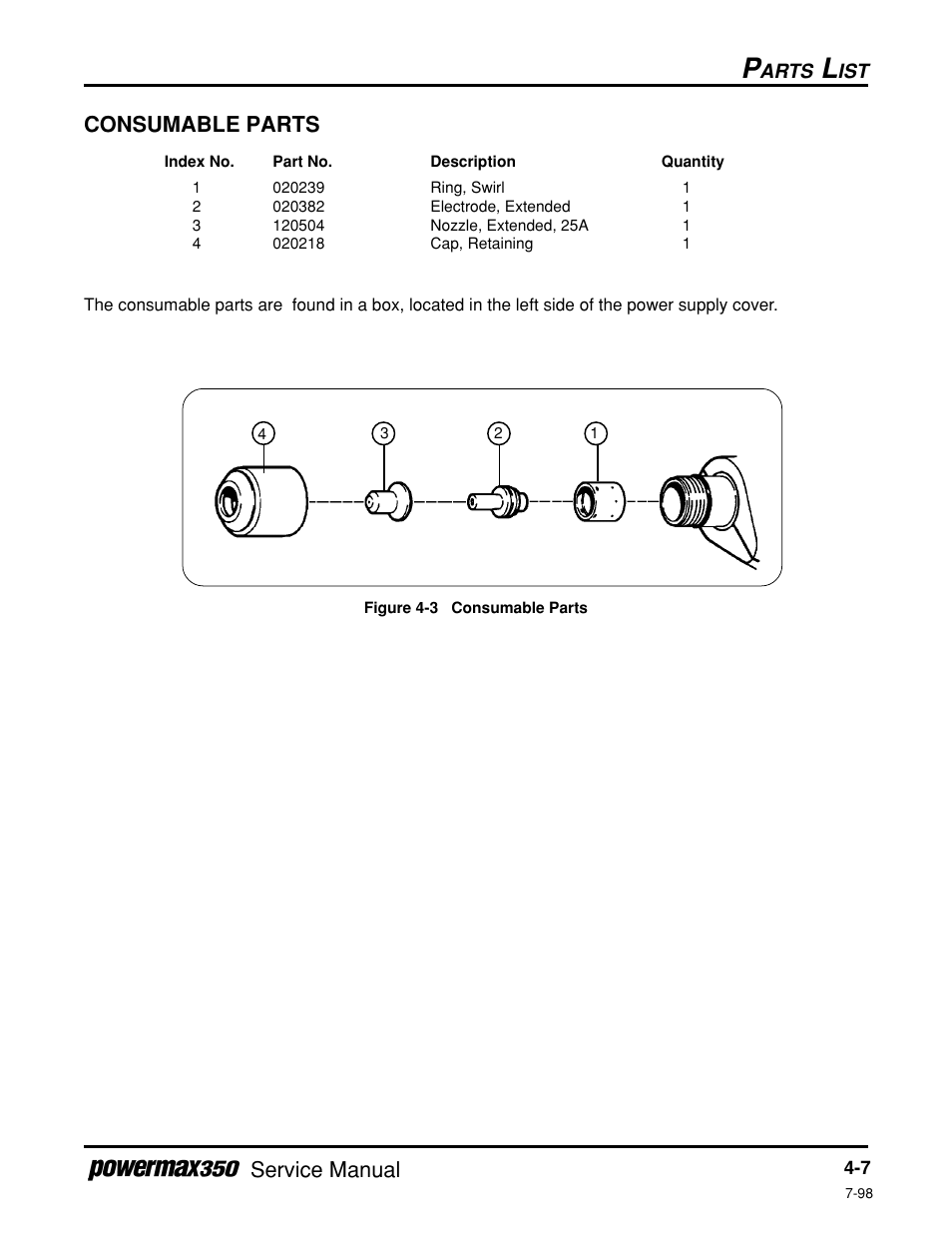 Consumable parts, Figure 4-3, Service manual | Arts | Hypertherm Powermax350 Service Manual User Manual | Page 53 / 53