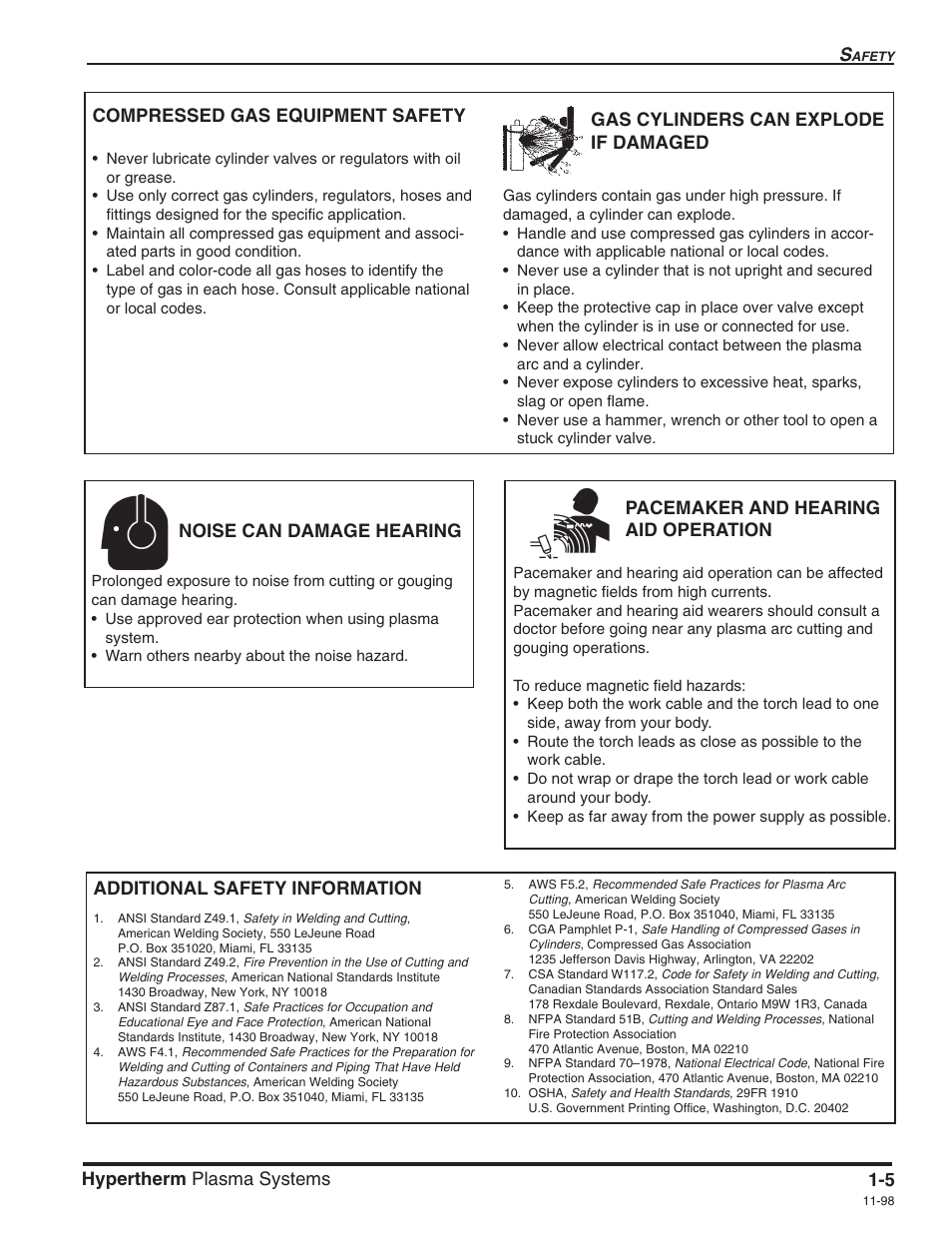 5 hypertherm plasma systems, Compressed gas equipment safety, Gas cylinders can explode if damaged | Noise can damage hearing | Hypertherm Powermax600 Service Manua User Manual | Page 13 / 89