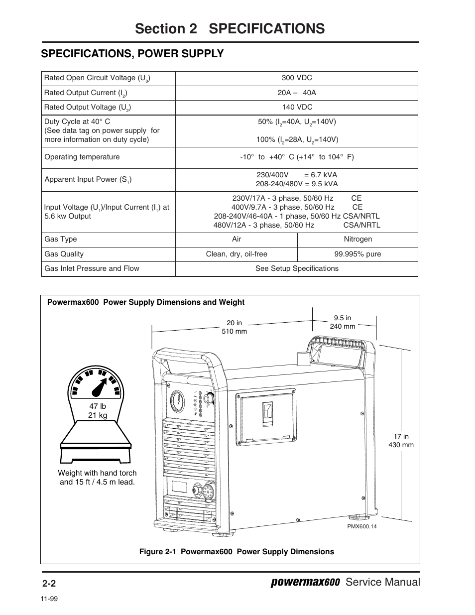 Powermax, Service manual s, Specifications, power supply | Pecifications | Hypertherm Powermax600 Service Manua User Manual | Page 22 / 89