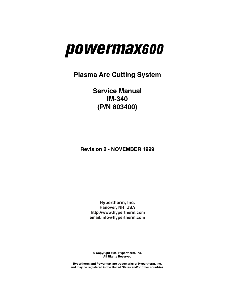 Powermax | Hypertherm Powermax600 Service Manua User Manual | Page 3 / 89