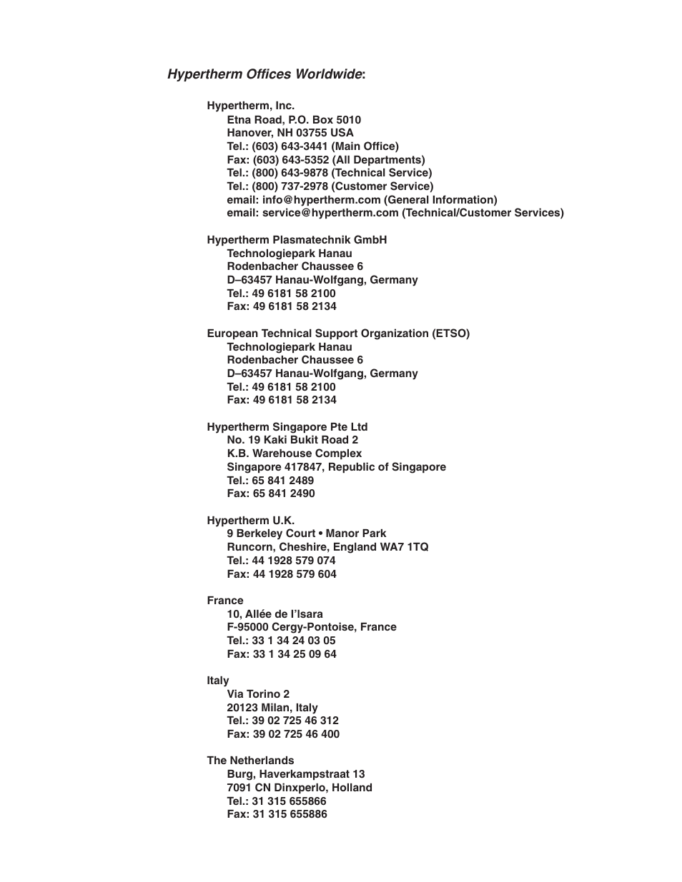 Hypertherm offices worldwide | Hypertherm Powermax600 Service Manua User Manual | Page 4 / 89