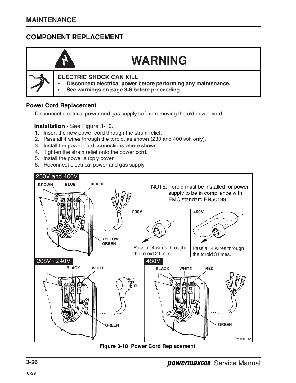 Warning, Powermax, Maintenance | Service manual component replacement | Hypertherm Powermax600 Service Manua User Manual | Page 52 / 89