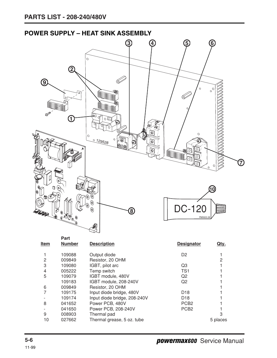 Dc-120, Powermax, Service manual | Power supply – heat sink assembly | Hypertherm Powermax600 Service Manua User Manual | Page 72 / 89