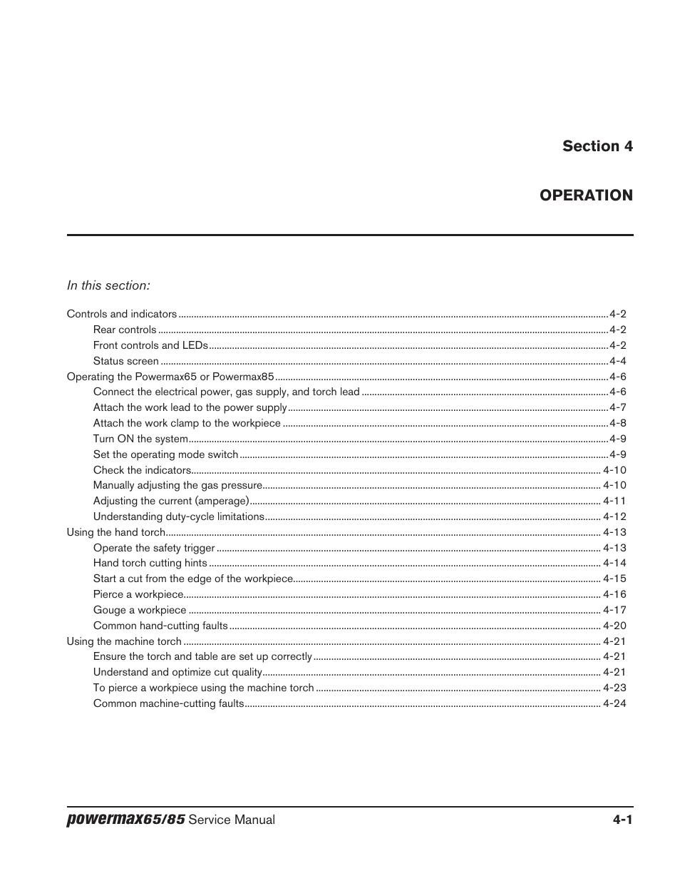 Section 4, Operation, Section 4 operation | Powermax | Hypertherm Powermax65 Service Manual Rev.1 User Manual | Page 103 / 248