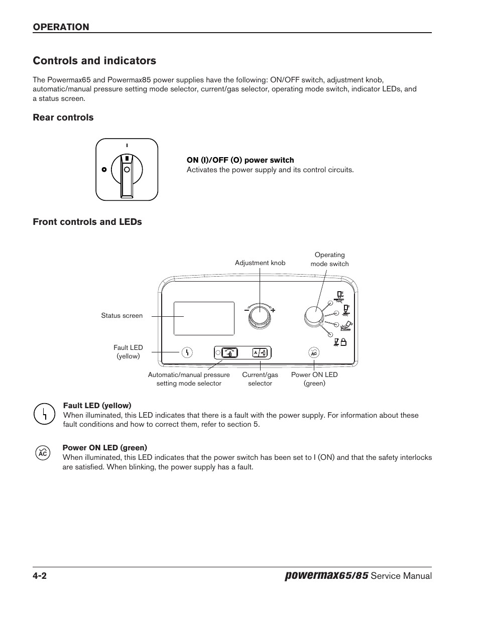 Controls and indicators, Rear controls, Front controls and leds | Controls and indicators -2, Rear controls -2 front controls and leds -2, Powermax | Hypertherm Powermax65 Service Manual Rev.1 User Manual | Page 104 / 248