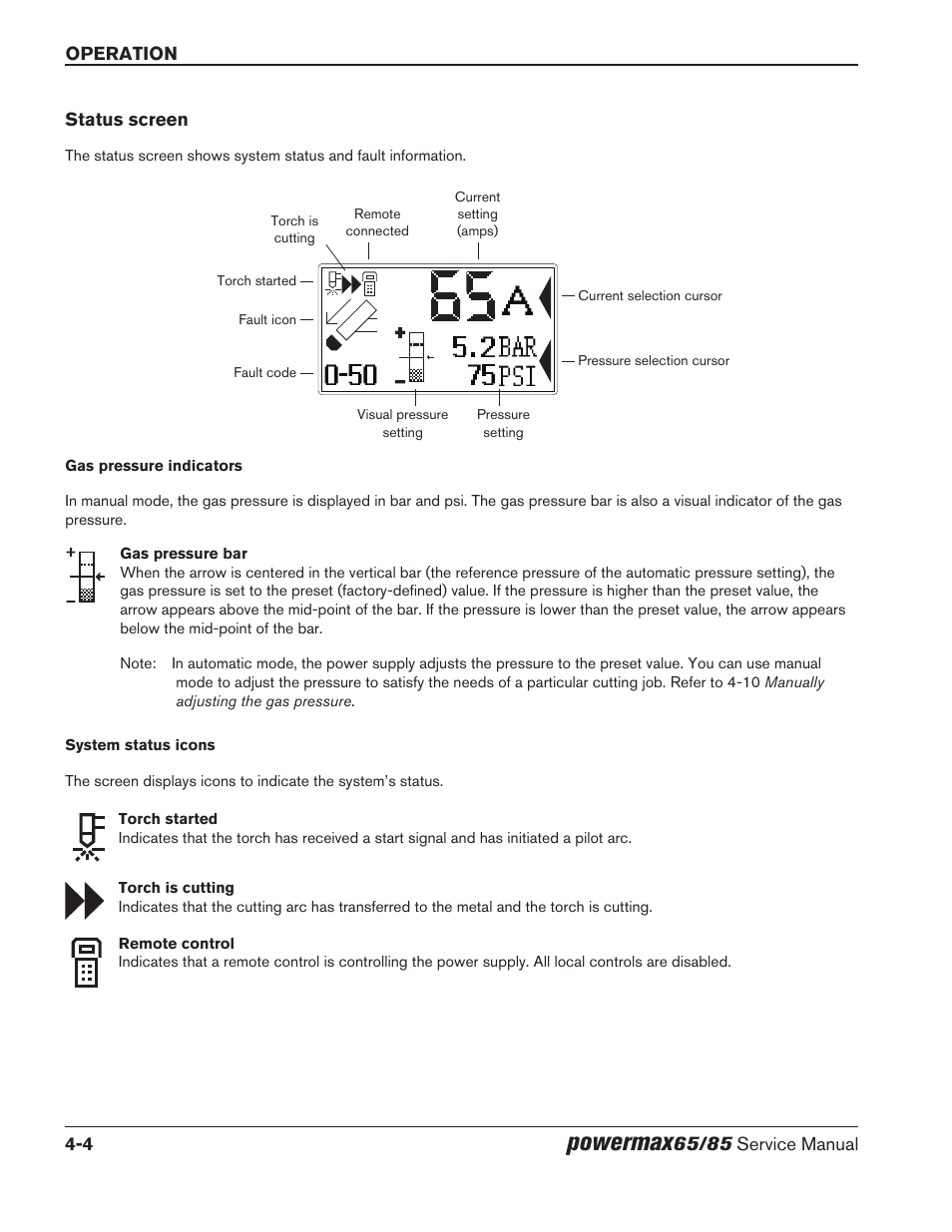 Status screen, Status screen -4, Powermax | Hypertherm Powermax65 Service Manual Rev.1 User Manual | Page 106 / 248