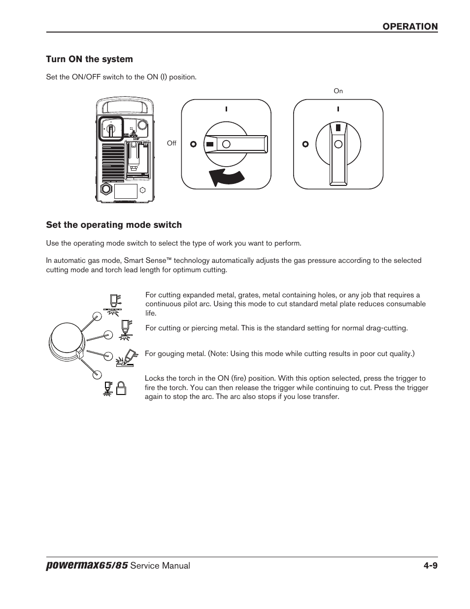 Turn on the system, Set the operating mode switch, Powermax | Hypertherm Powermax65 Service Manual Rev.1 User Manual | Page 111 / 248