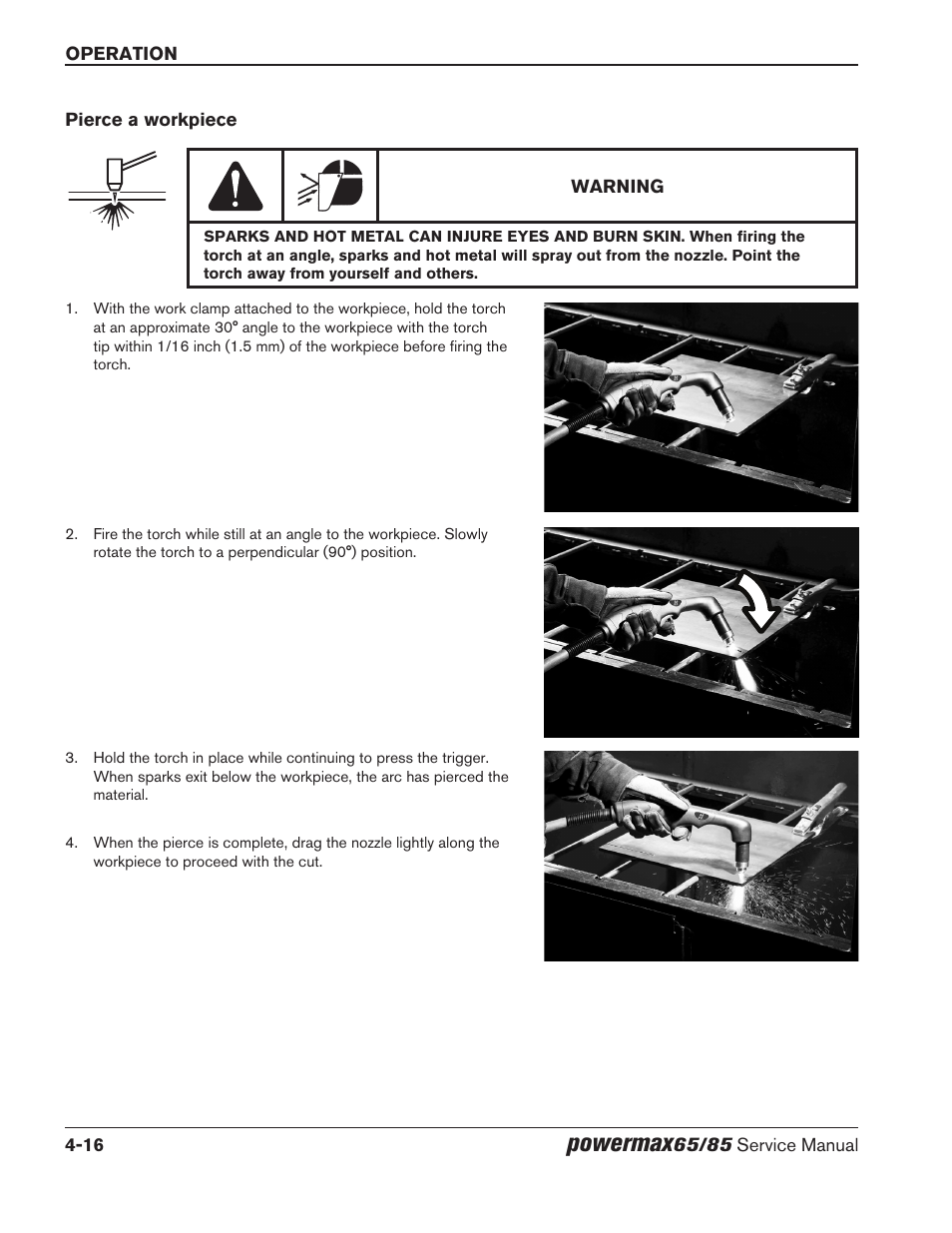 Pierce a workpiece, Pierce a workpiece -16, Powermax | Hypertherm Powermax65 Service Manual Rev.1 User Manual | Page 118 / 248