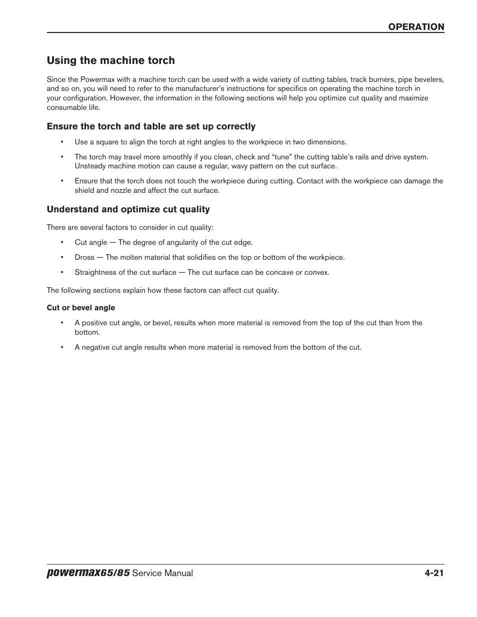 Using the machine torch, Ensure the torch and table are set up correctly, Understand and optimize cut quality | Using the machine torch -21, Powermax | Hypertherm Powermax65 Service Manual Rev.1 User Manual | Page 123 / 248