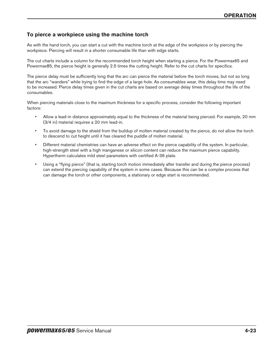 To pierce a workpiece using the machine torch, To pierce a workpiece using the machine torch -23, Powermax | Hypertherm Powermax65 Service Manual Rev.1 User Manual | Page 125 / 248