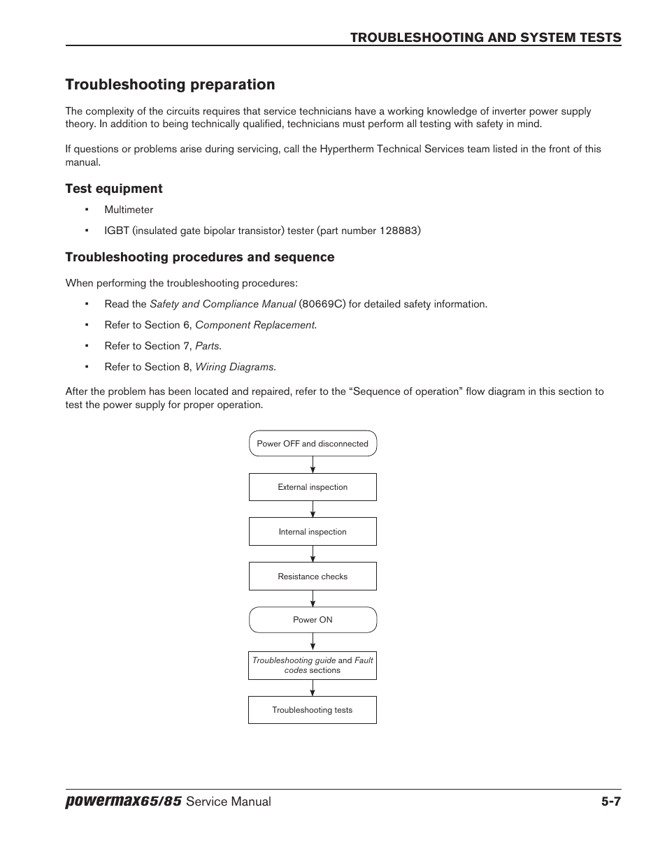 Troubleshooting preparation, Test equipment, Troubleshooting procedures and sequence | Troubleshooting preparation -7, Powermax | Hypertherm Powermax65 Service Manual Rev.1 User Manual | Page 133 / 248
