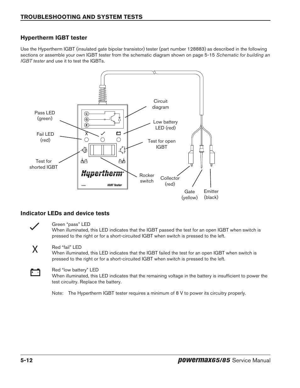 Hypertherm igbt tester, Indicator leds and device tests, Powermax | Hypertherm Powermax65 Service Manual Rev.1 User Manual | Page 138 / 248