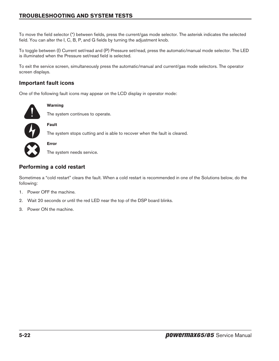 Important fault icons, Performing a cold restart, Powermax | Hypertherm Powermax65 Service Manual Rev.1 User Manual | Page 148 / 248