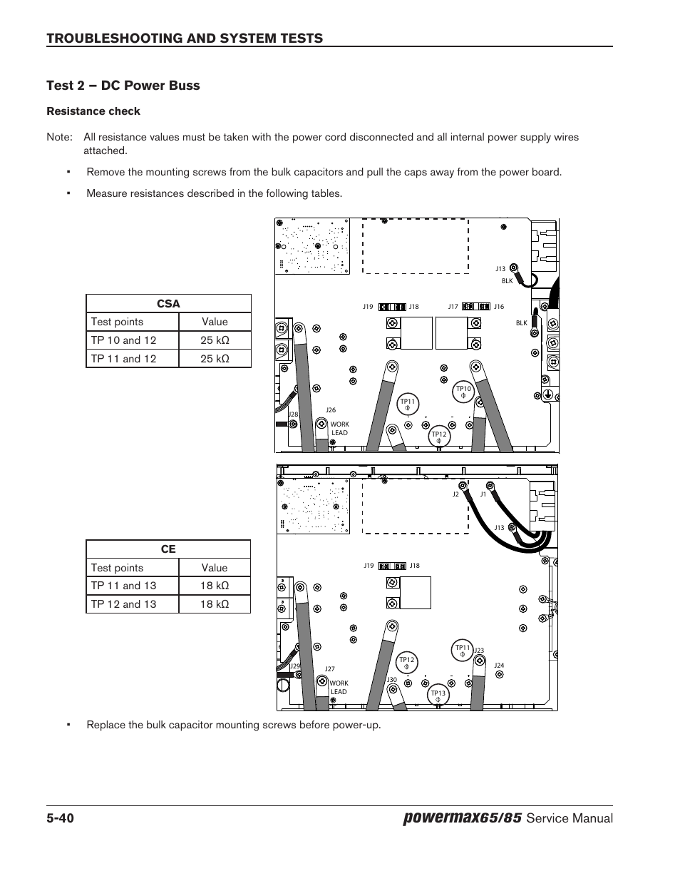 Test 2 – dc power buss, Test 2 – dc power buss -40, Powermax | Troubleshooting and system tests 5-40, Service manual test 2 – dc power buss | Hypertherm Powermax65 Service Manual Rev.1 User Manual | Page 166 / 248