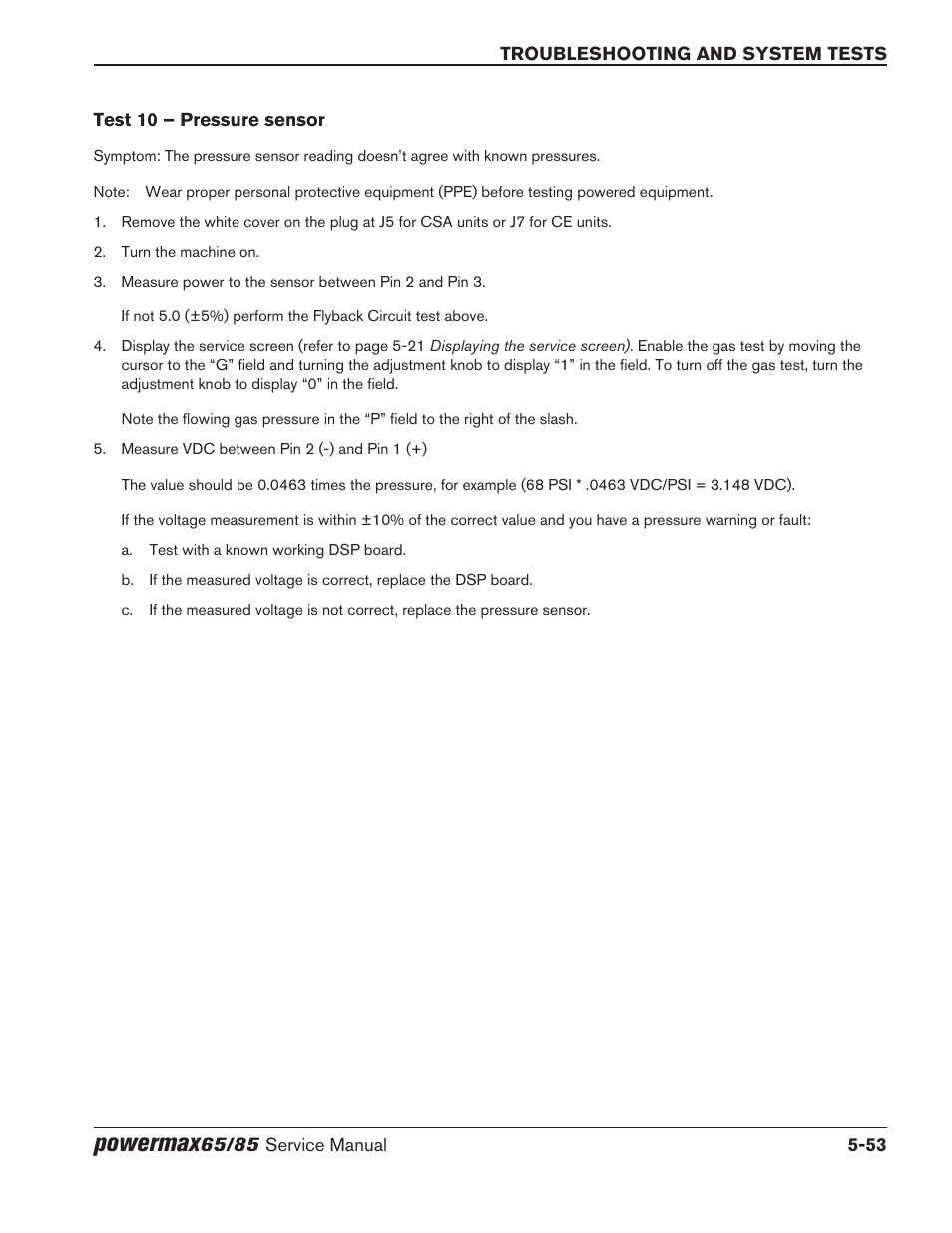 Test 10 – pressure sensor, Test 10 – pressure sensor -53, Powermax | Hypertherm Powermax65 Service Manual Rev.1 User Manual | Page 179 / 248