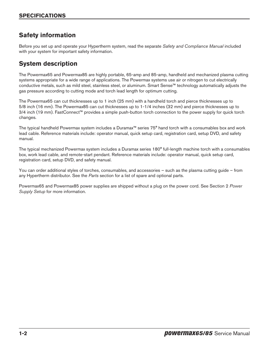 Safety information, System description, Safety information -2 system description -2 | Powermax | Hypertherm Powermax65 Service Manual Rev.1 User Manual | Page 18 / 248