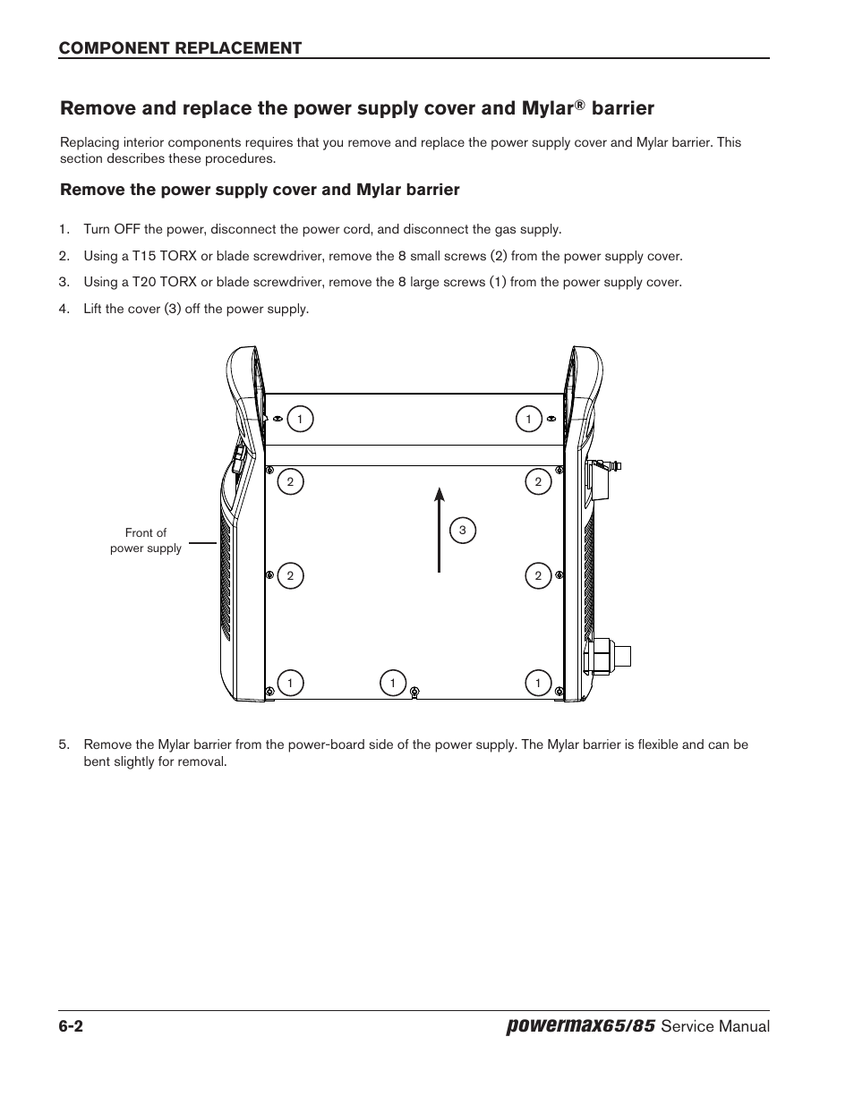 Remove the power supply cover and mylar barrier, Barrier -2, Remove the power supply cover and mylar barrier -2 | Powermax, Barrier | Hypertherm Powermax65 Service Manual Rev.1 User Manual | Page 184 / 248