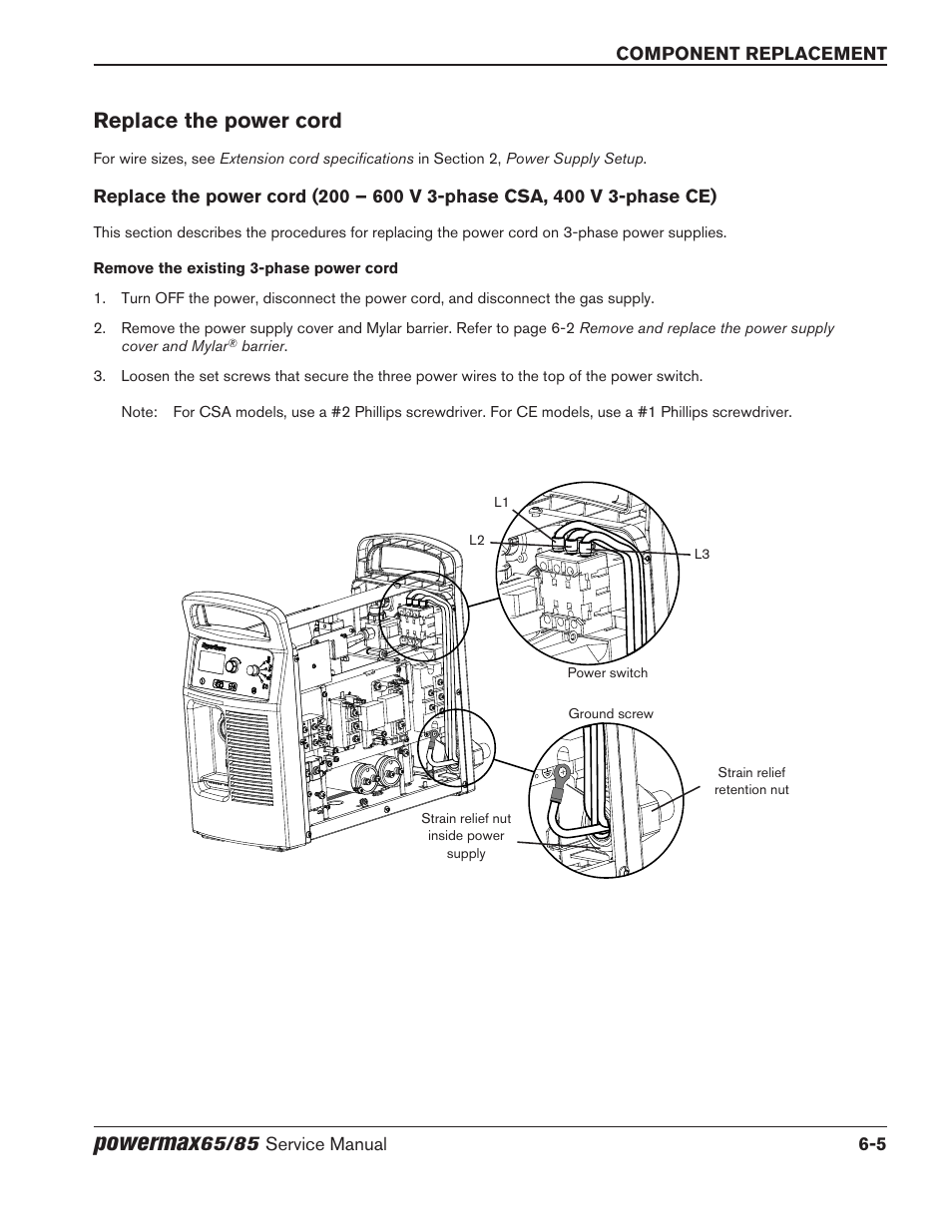 Replace the power cord, Replace the power cord -5, Powermax | Hypertherm Powermax65 Service Manual Rev.1 User Manual | Page 187 / 248