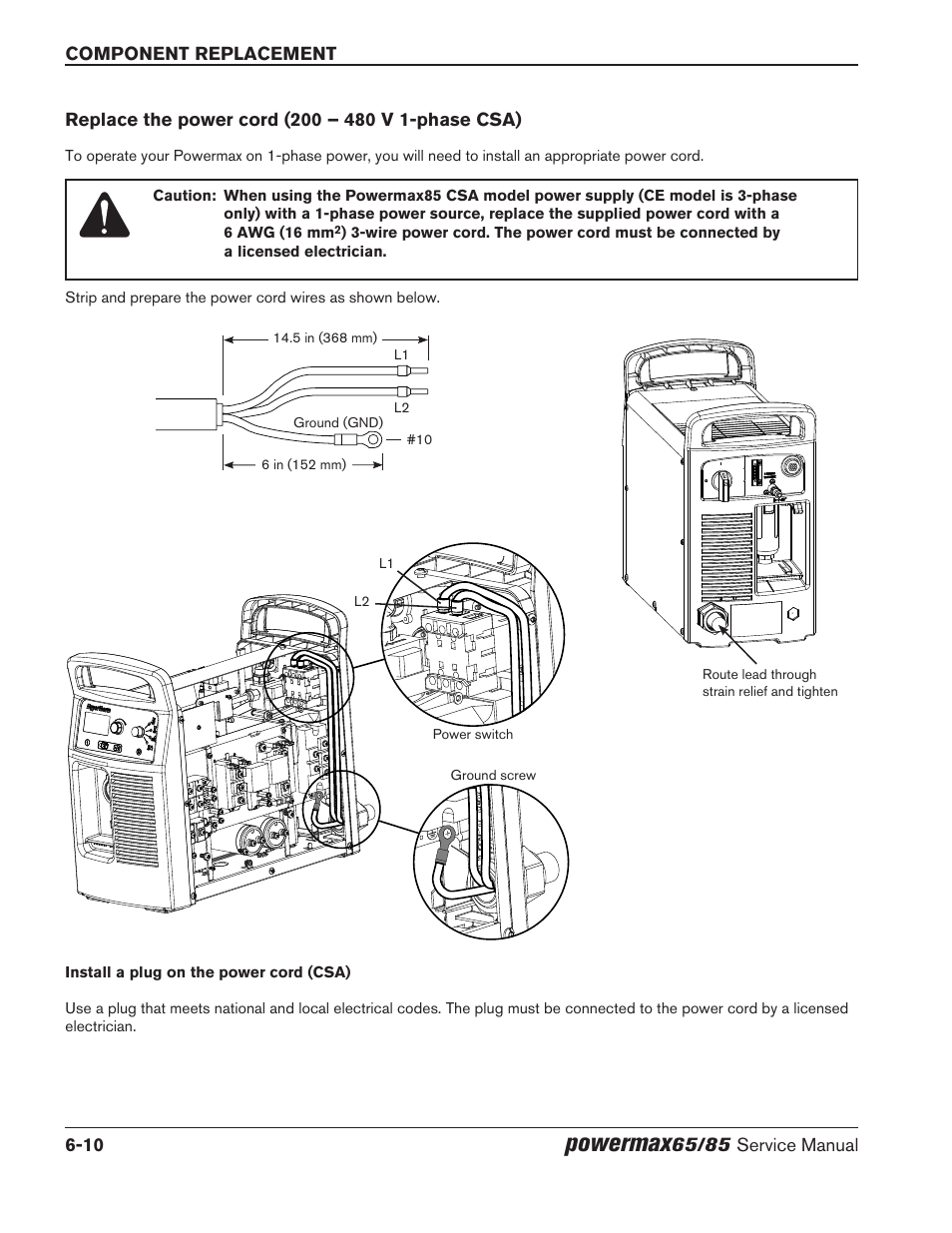 Replace the power cord (200 – 480 v 1‑phase csa), Powermax | Hypertherm Powermax65 Service Manual Rev.1 User Manual | Page 192 / 248