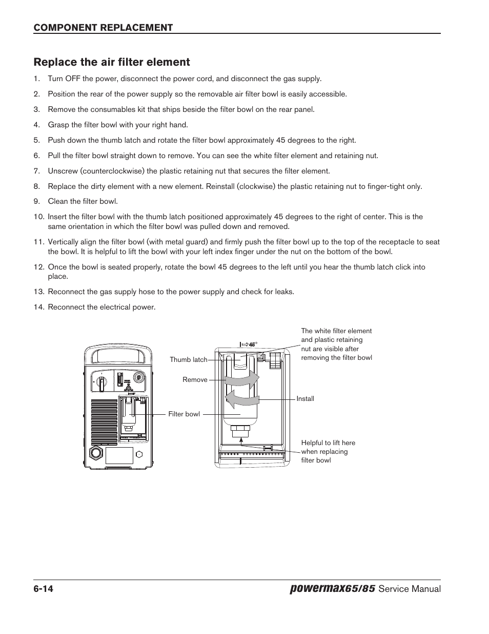 Replace the air filter element, Replace the air filter element -14, Powermax | Hypertherm Powermax65 Service Manual Rev.1 User Manual | Page 196 / 248