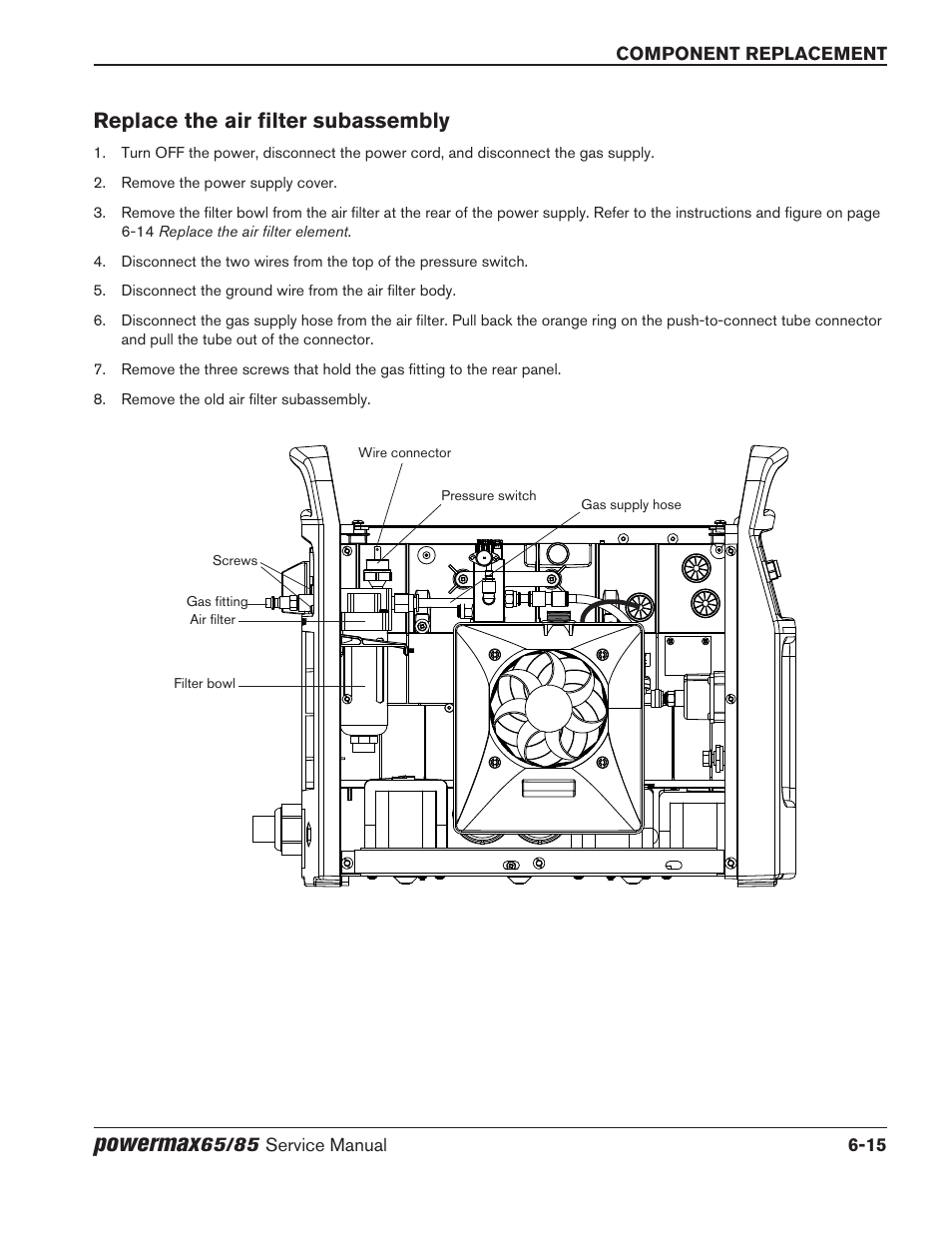 Replace the air filter subassembly, Replace the air filter subassembly -15, Powermax | Hypertherm Powermax65 Service Manual Rev.1 User Manual | Page 197 / 248